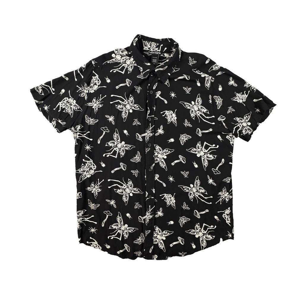 Hot Topic Men's XL Black Fairy Mushroom Button Up Shirt Rayon Goth Grunge